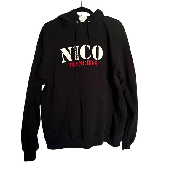 Champion XL Black Hoodie With "Nico Trenches" Print Drawstring Hood & Front Pock - Picture 1 of 7